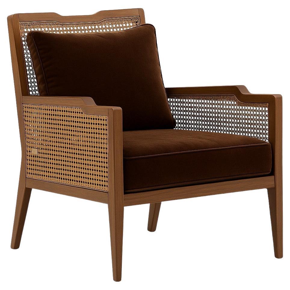 Mid-Century Modern Style Armchair With Rattan Detailing In Walnut/Chocolate