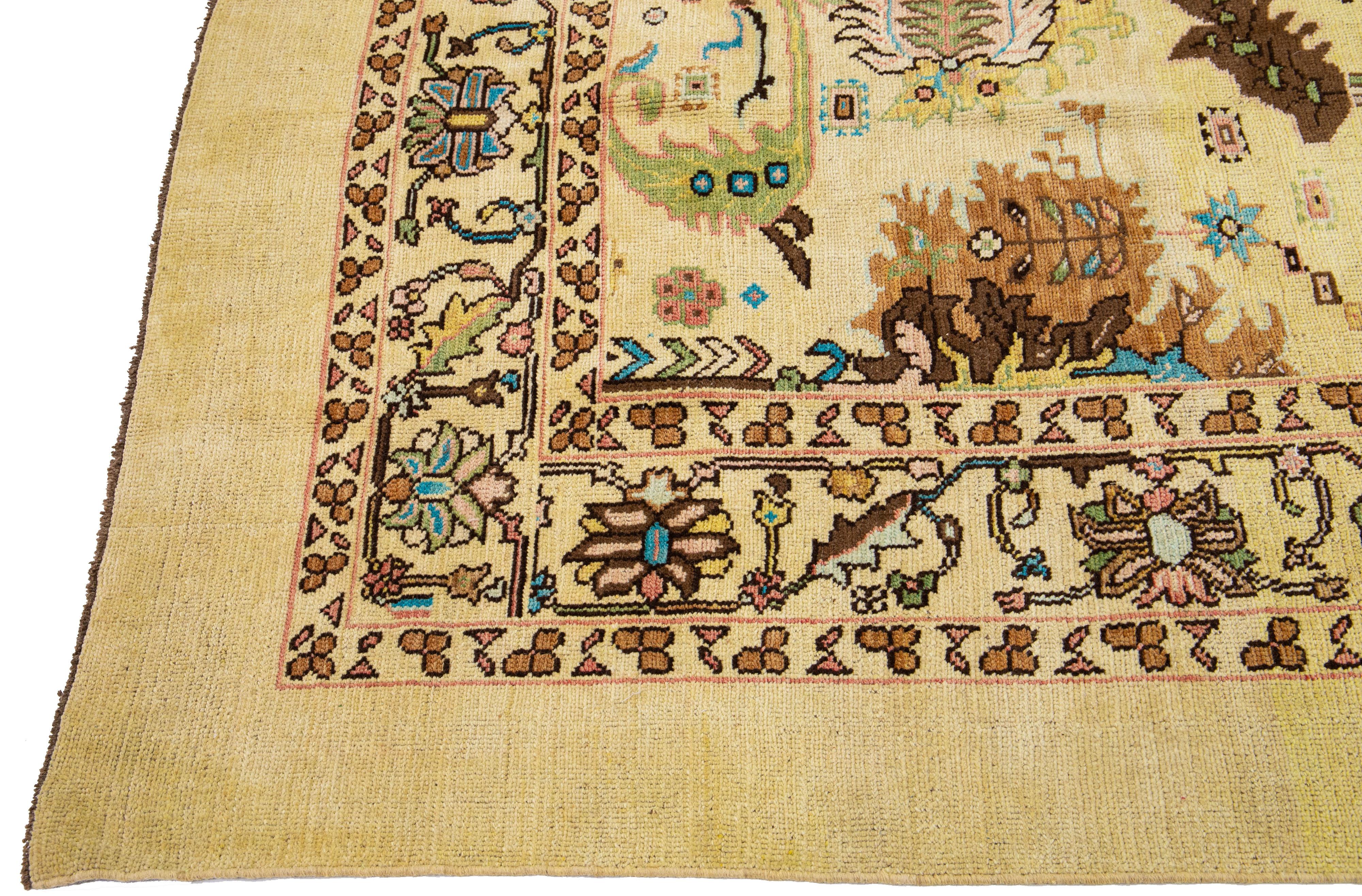 Hand-Knotted Mid-Century Modern Style Beige/Tan Handmade Floral Wool Rug by Apadana For Sale