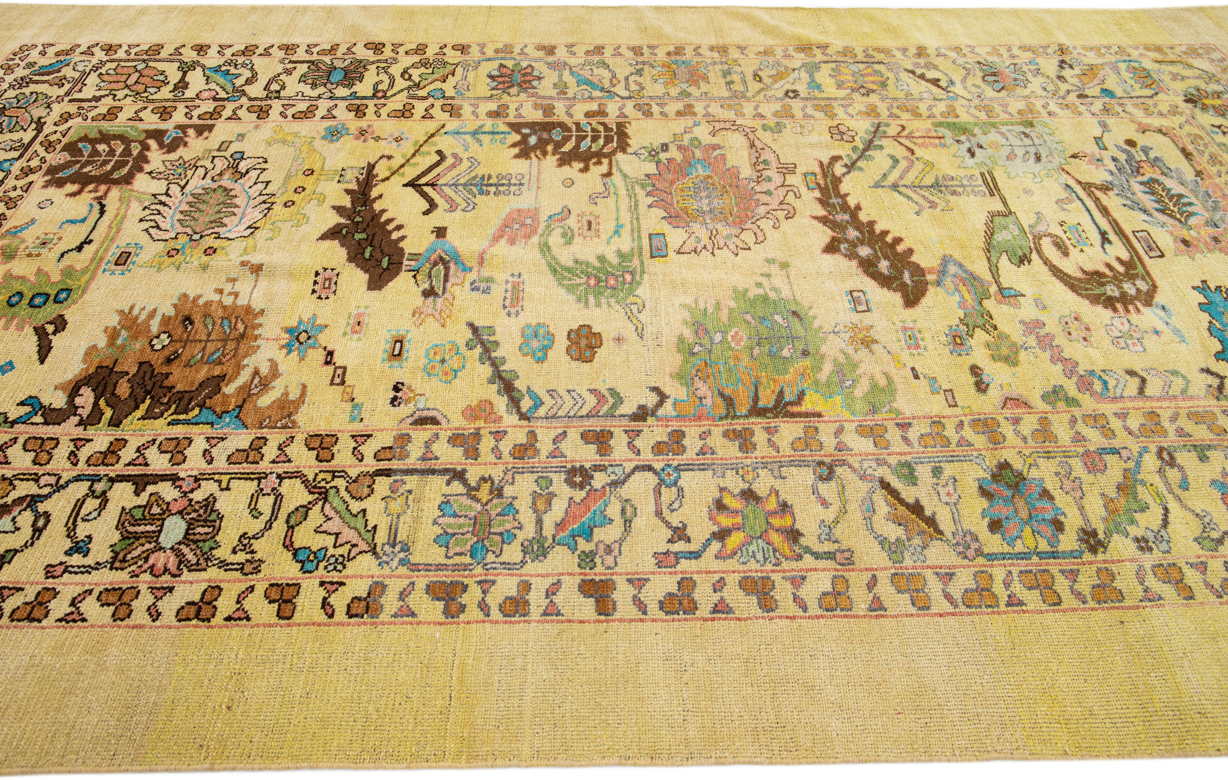 Contemporary Mid-Century Modern Style Beige/Tan Handmade Floral Wool Rug by Apadana For Sale