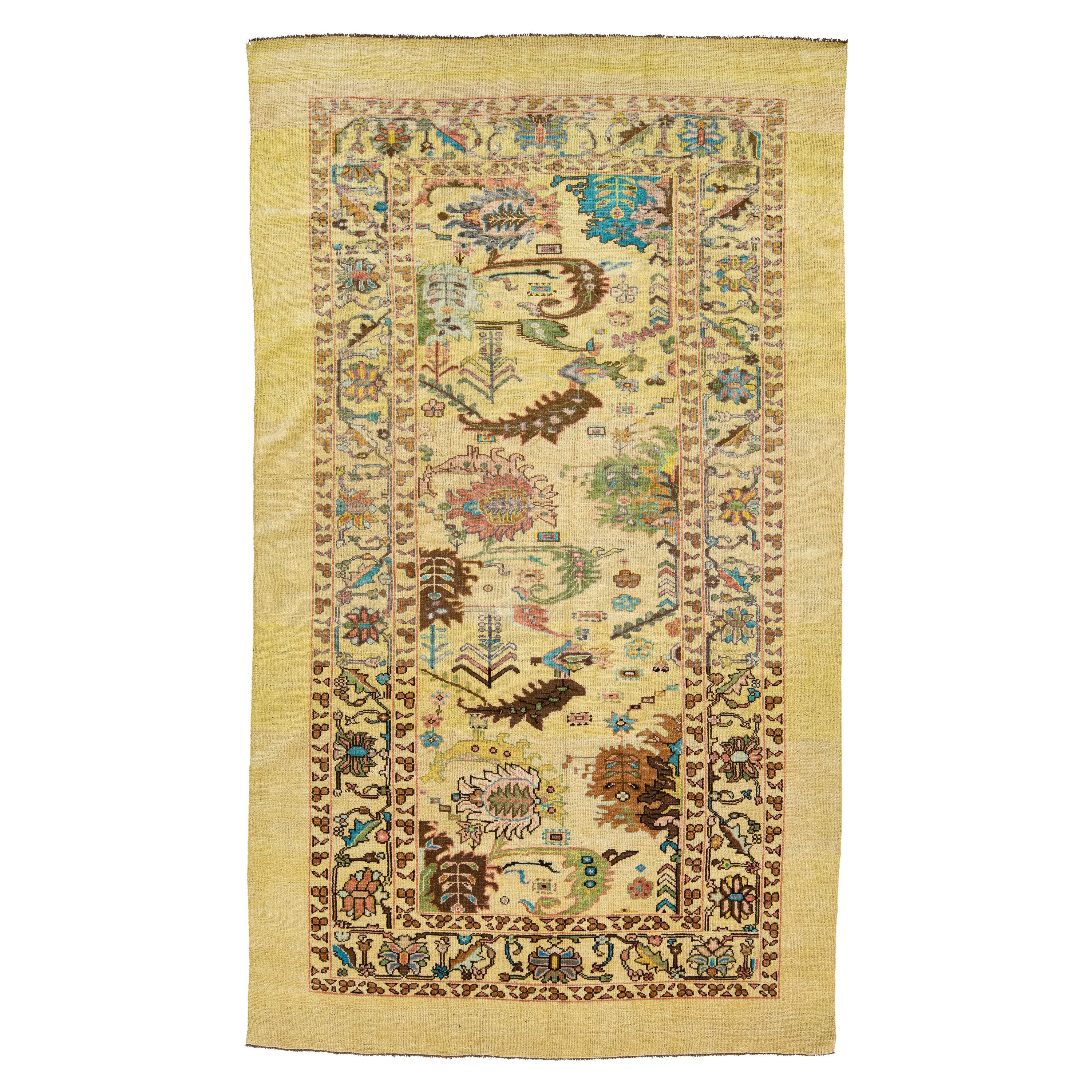 Tappeto in lana floreale fatto a mano di Apadana in stile metà secolo moderno beige/ciano