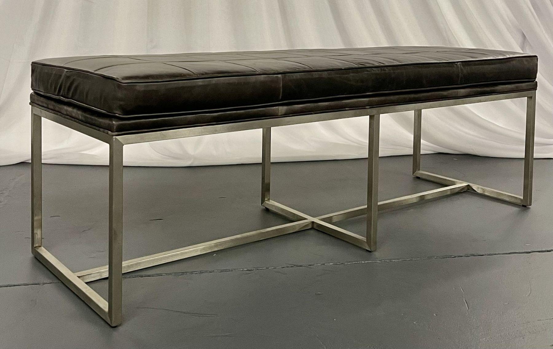 Mid-Century Modern Style Black Leather Bench, Footstool, Ottoman, Steel
 
Modern leather bench, footstool, or ottoman. 
 
Measures: 18H x 18 D x 54 W IHL.