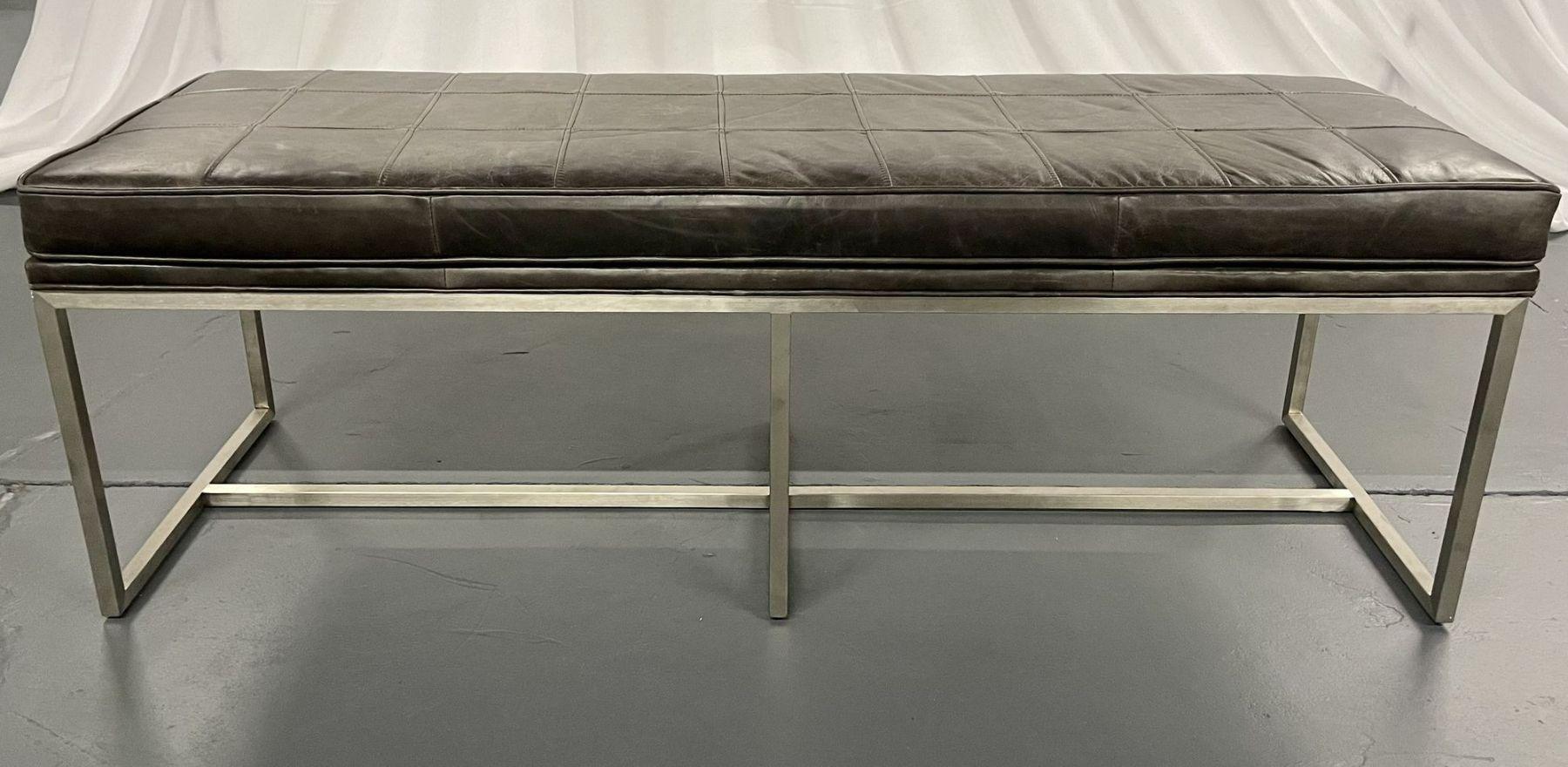 Mid-Century Modern Style Black Leather Bench, Footstool, Ottoman, Steel 3
