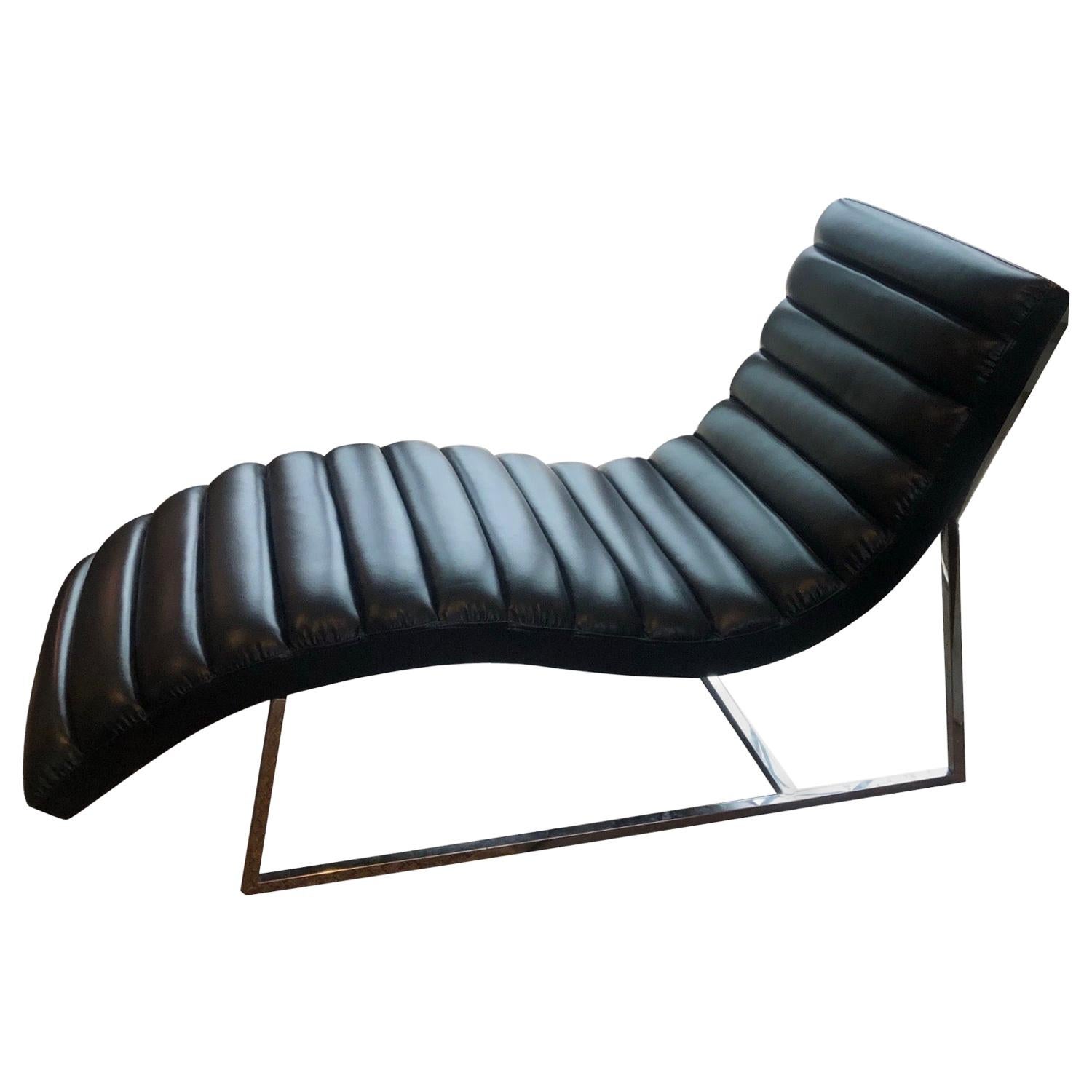 Mid-Century Modern Style Black Leather Channel Chaise Lounge