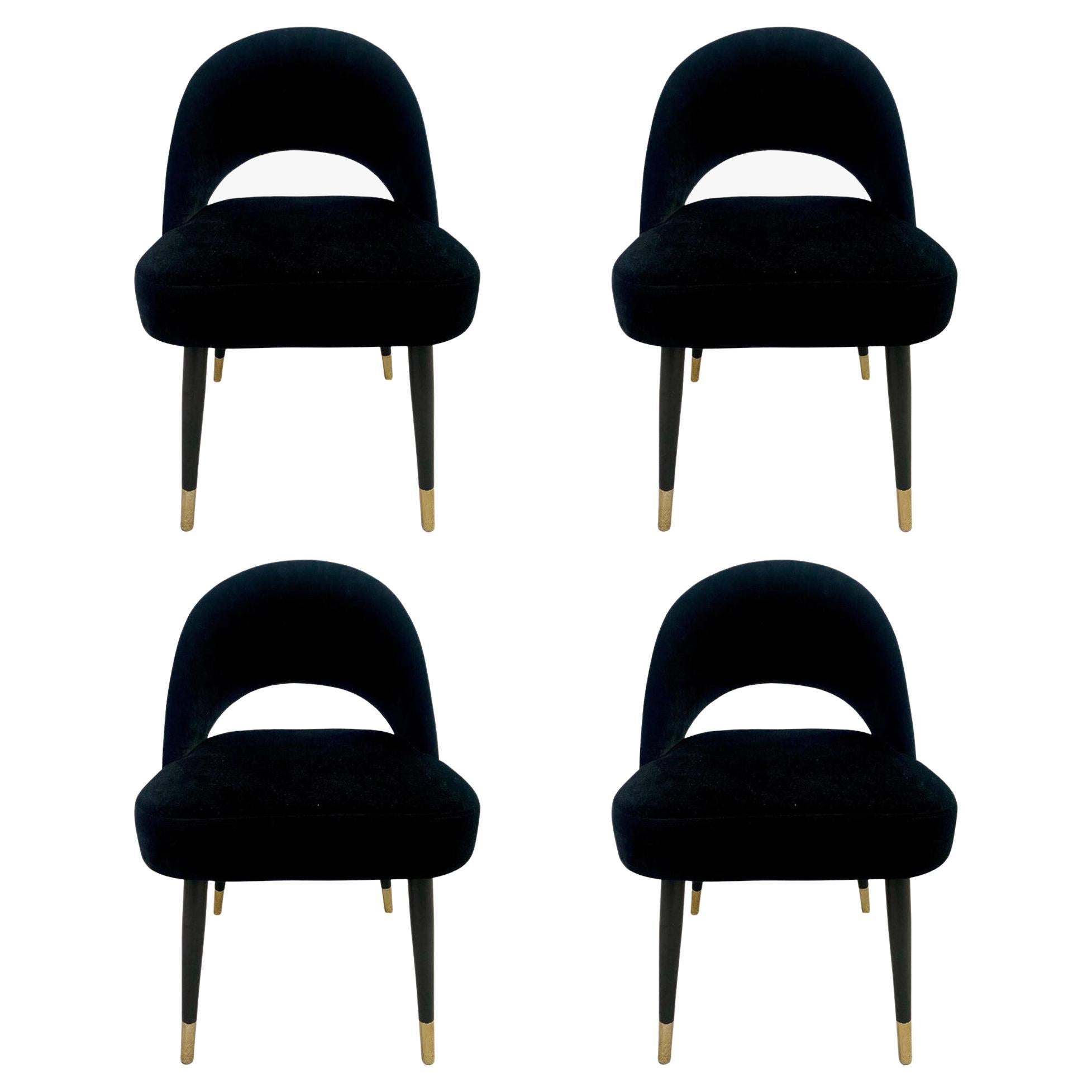 Mid-Century Modern Style Black Suede Barrel Dining or Side Chair, a Set of 4