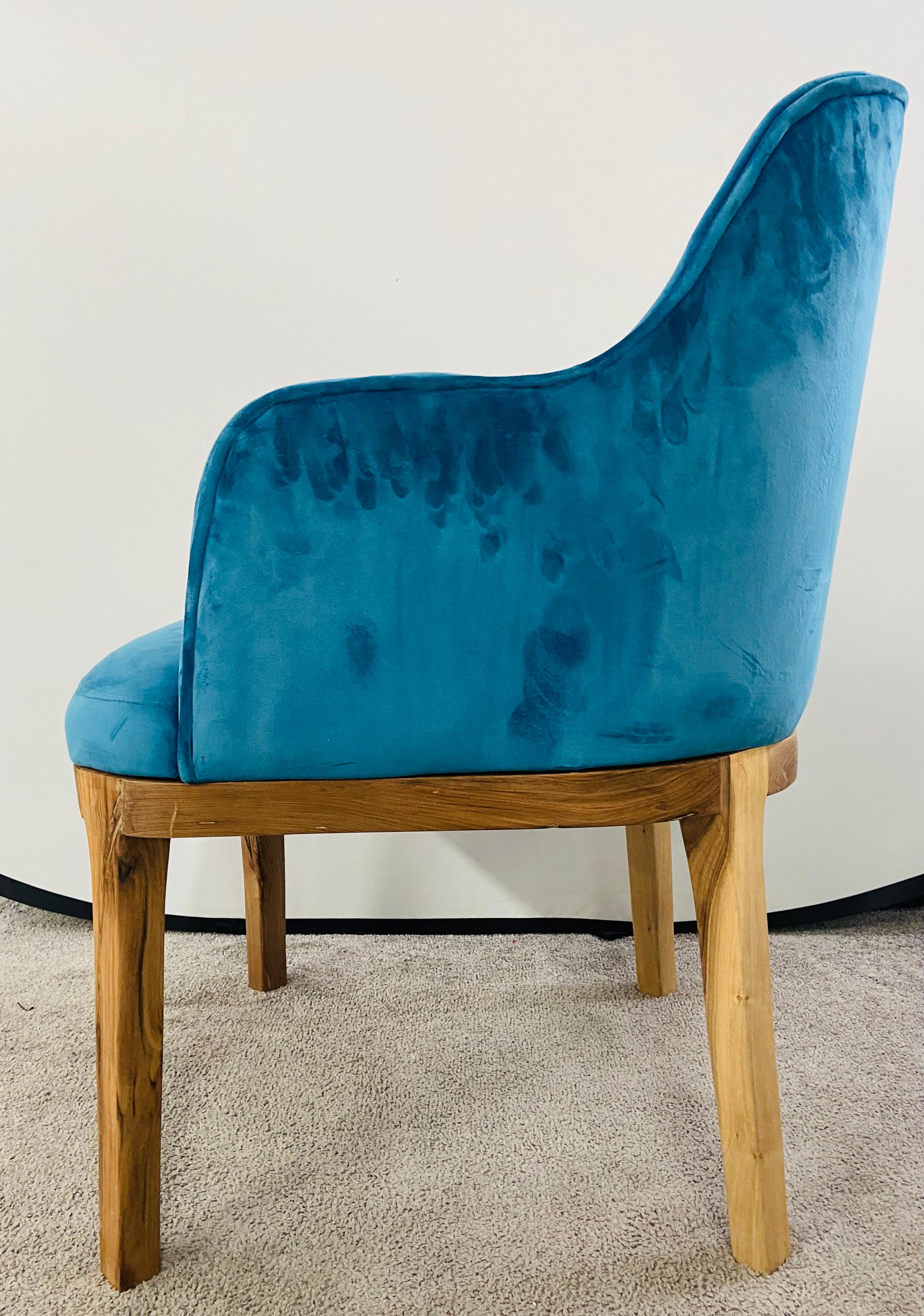 Mid-Century Modern Style Blue Velvet & Walnut Frame Barrel Chair, a Pair For Sale 2