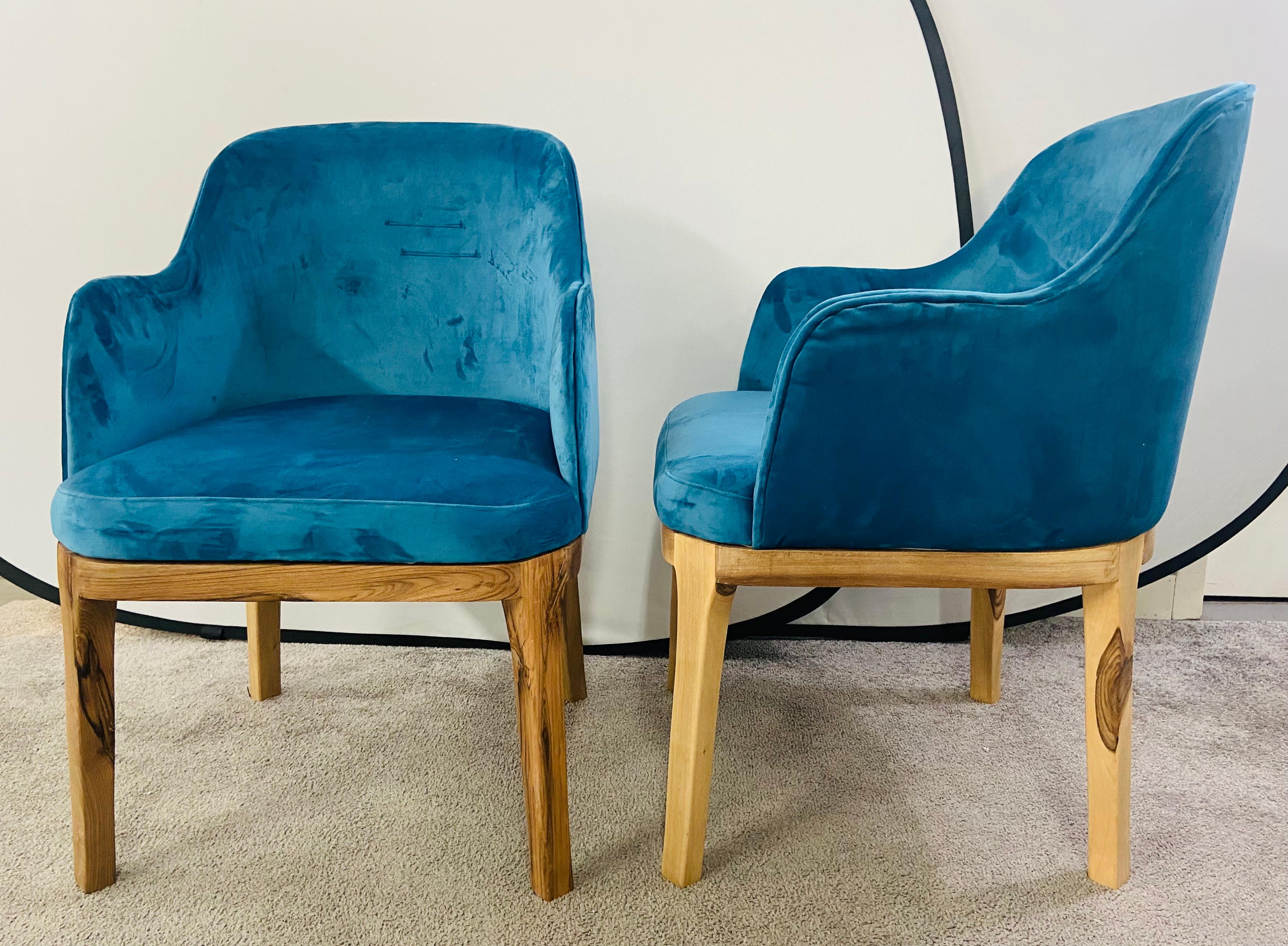 Mid-Century Modern Style Blue Velvet & Walnut Frame Barrel Chair, a Pair In Good Condition For Sale In Plainview, NY