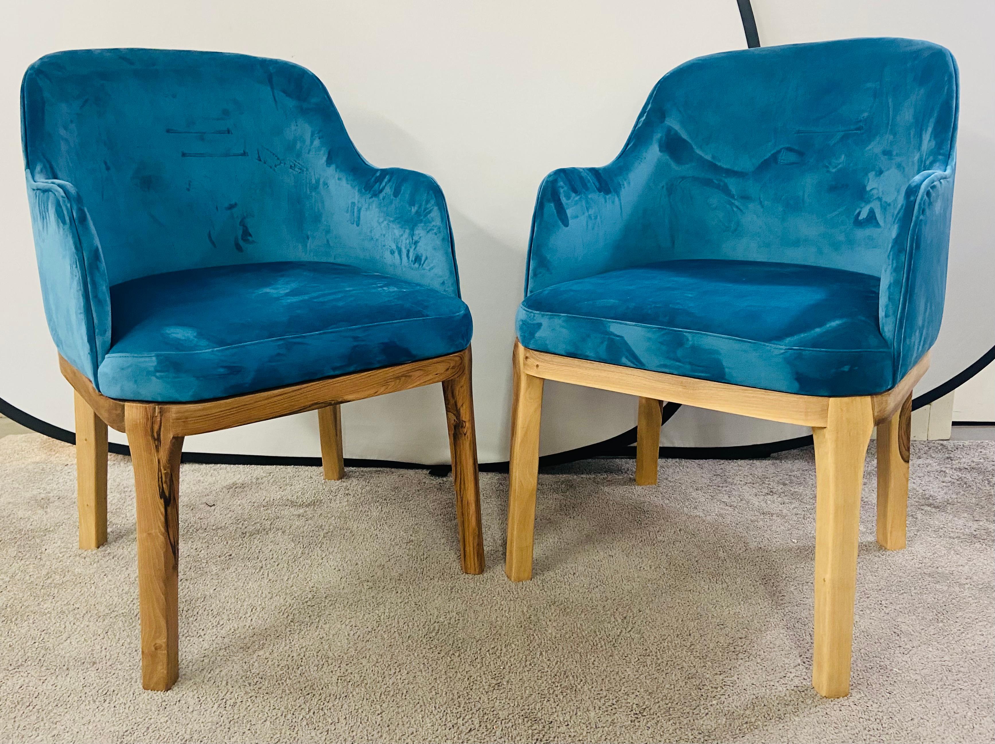 Mid-Century Modern Style Blue Velvet & Walnut Frame Barrel Chair, a Pair In Good Condition For Sale In Plainview, NY