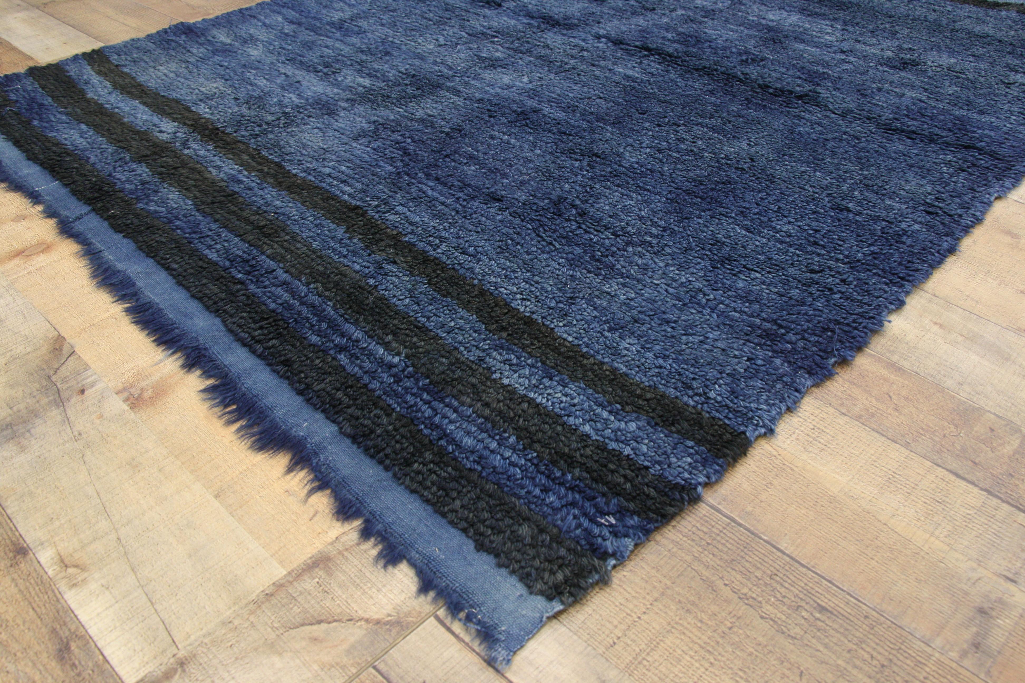 73980, Mid-Century Modern style blue vintage Turkish rug, Angora wool. This blue vintage Turkish rug features a plush pile of angora wool. Three stripes the length of the width grace both ends in a deeper hue, adding additional interest and symmetry