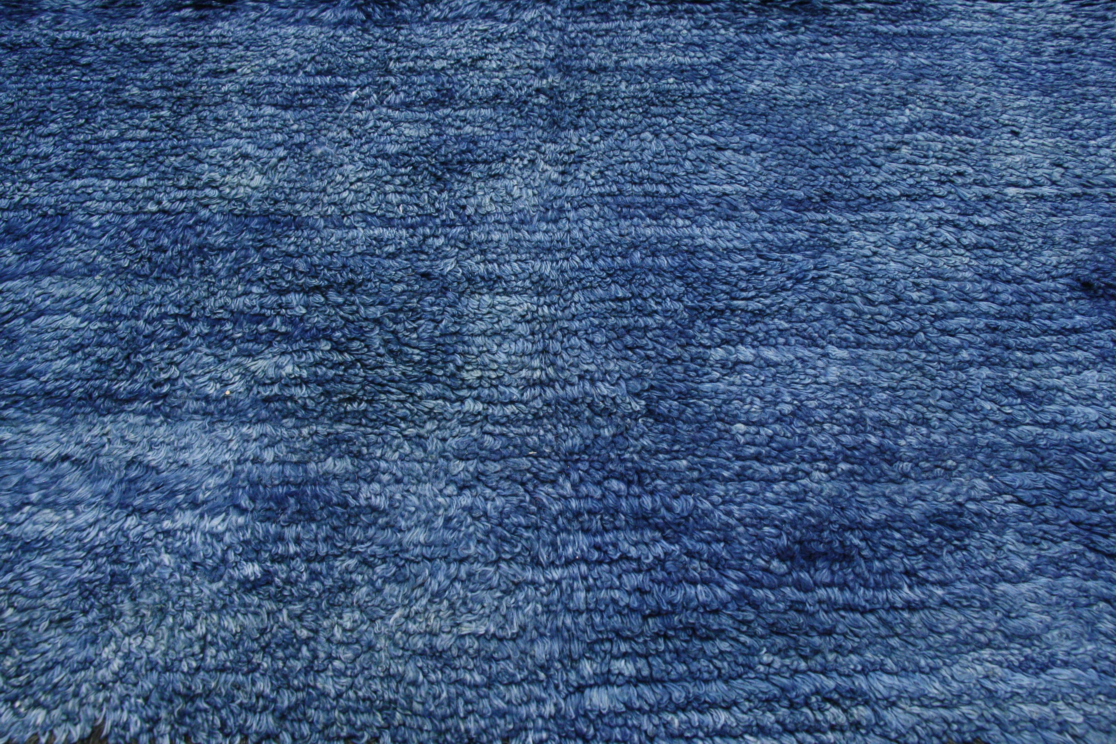 20th Century Mid-Century Modern Style Blue Vintage Turkish Rug, Angora Wool