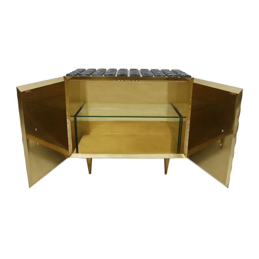 Contemporary Mid-Century Modern Style Brass and Black Glass Pair of Italian Sideboards For Sale