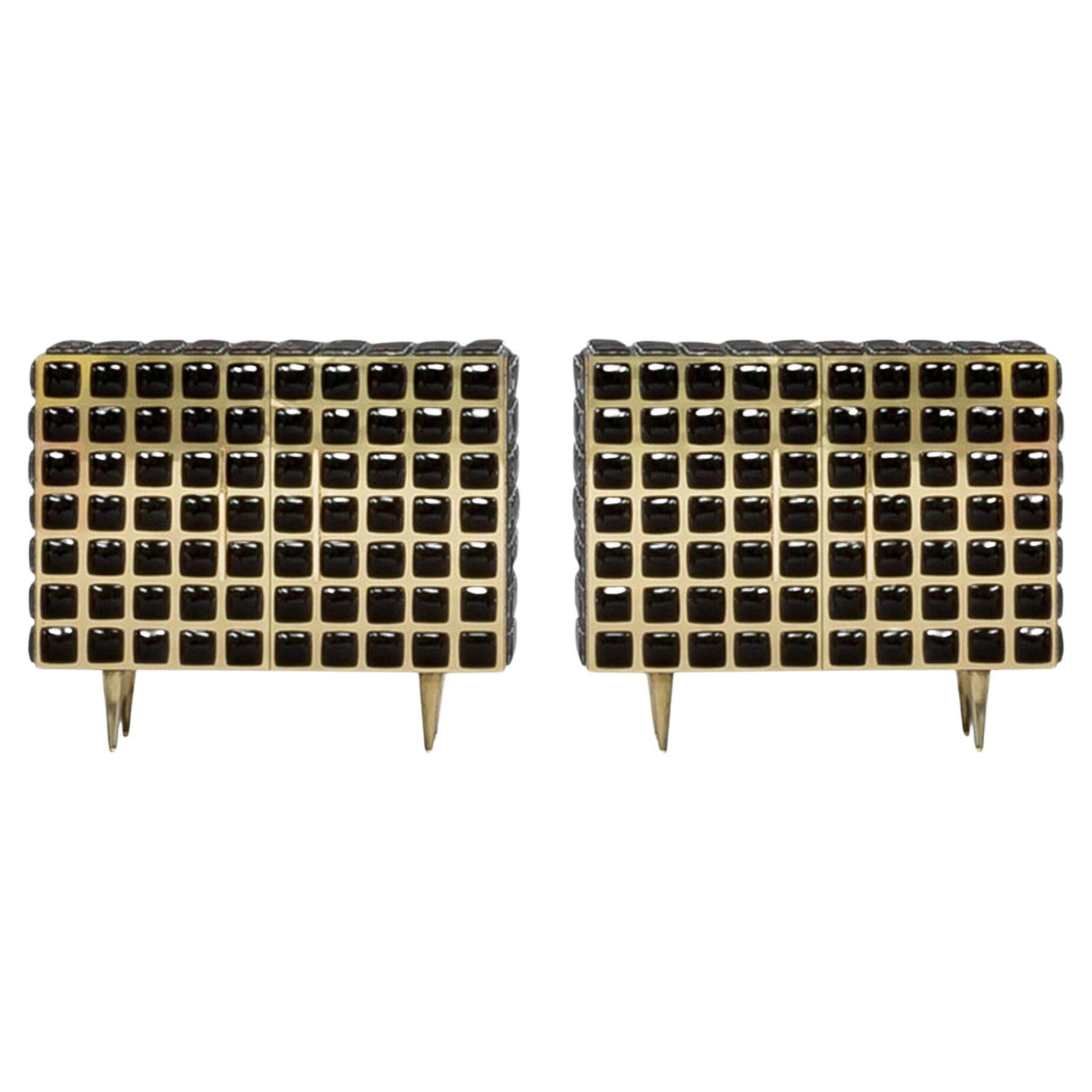 Midcentury Italian Sideboards in Solid Wood with Brass and Black Murano Glass For Sale