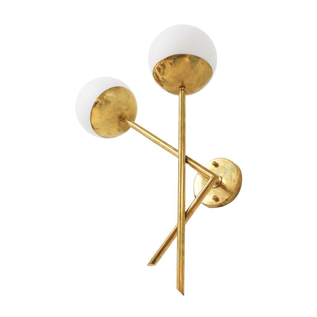 Italian Mid-Century Modern Style Brass and Glass Pair of Sconces With Two Light Sources For Sale