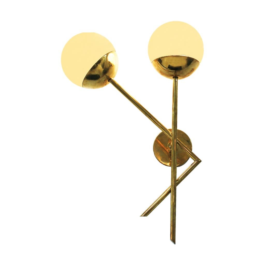 Contemporary Mid-Century Modern Style Brass and Glass Pair of Sconces With Two Light Sources For Sale