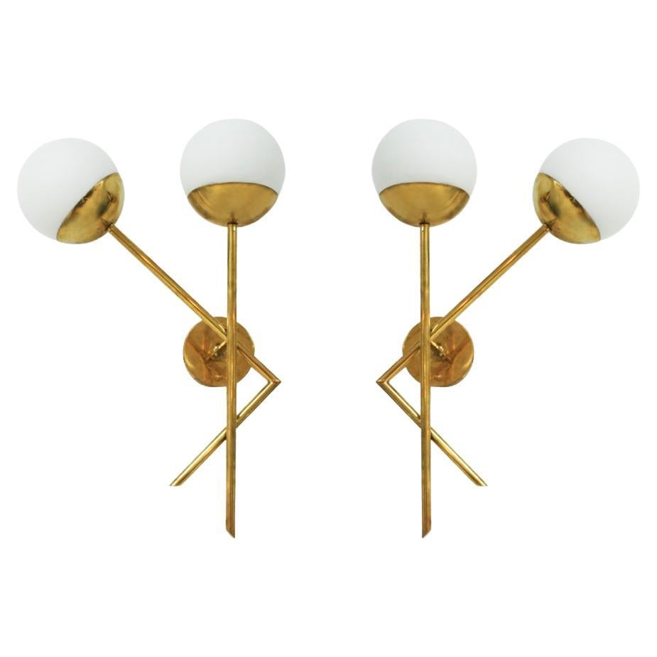 Mid-Century Modern Style Brass and Glass Pair of Sconces With Two Light Sources For Sale