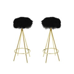 Mid-Century Modern Style Black and Gold Brass and Goat Fur Italian Stools