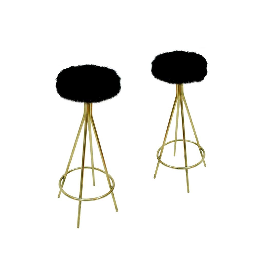 Mid-Century Modern Style Brass and Goat Fur Italian Stools In Good Condition For Sale In Ibiza, Spain