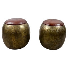 Otomana o Taburete de Bronce de Estilo Moderno de Mediados de Siglo con Tapa de Cuero, Pareja