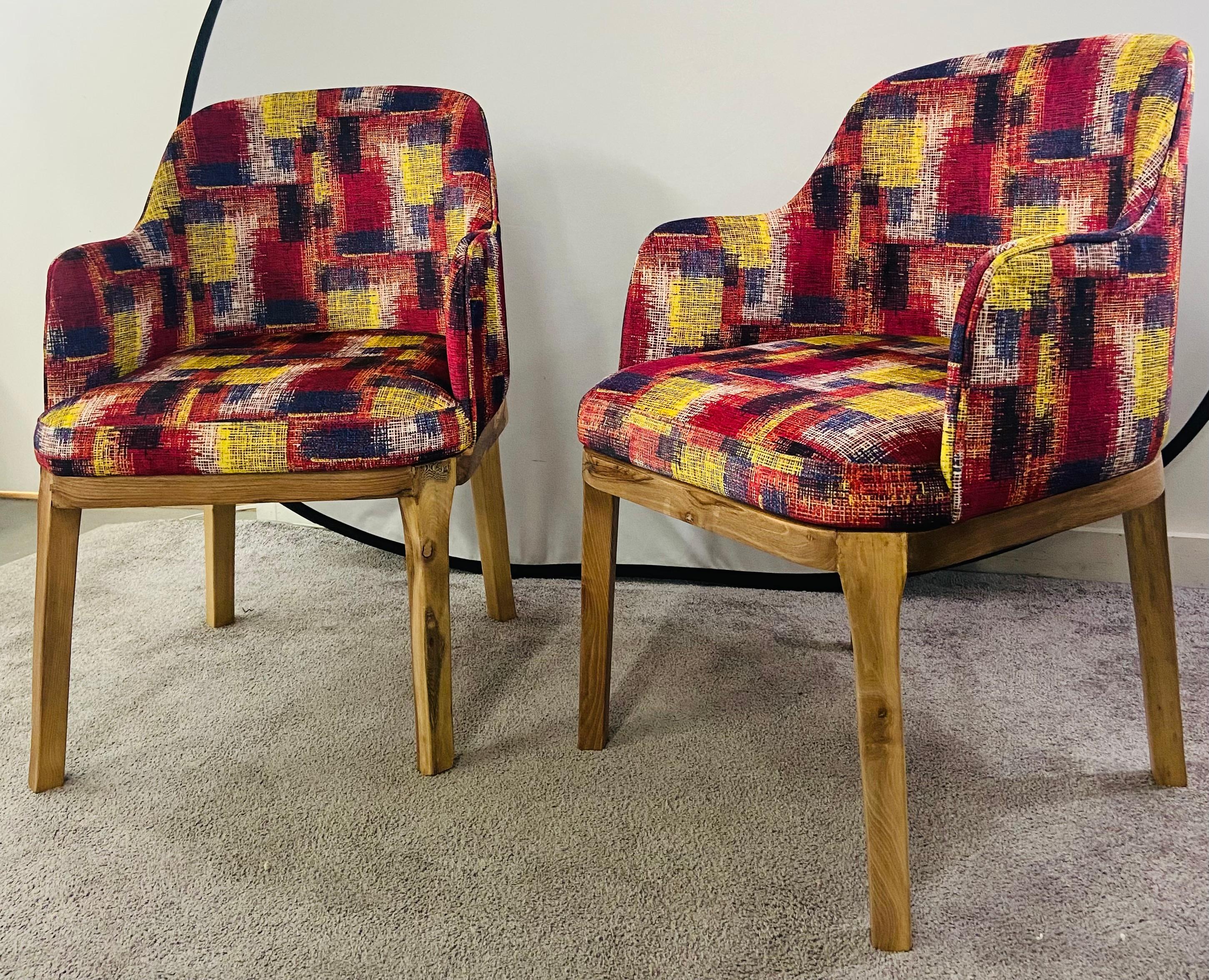 Mid-Century Modern Style Chair Multicolor Upholstery and Walnut Frame, a Pair For Sale 5