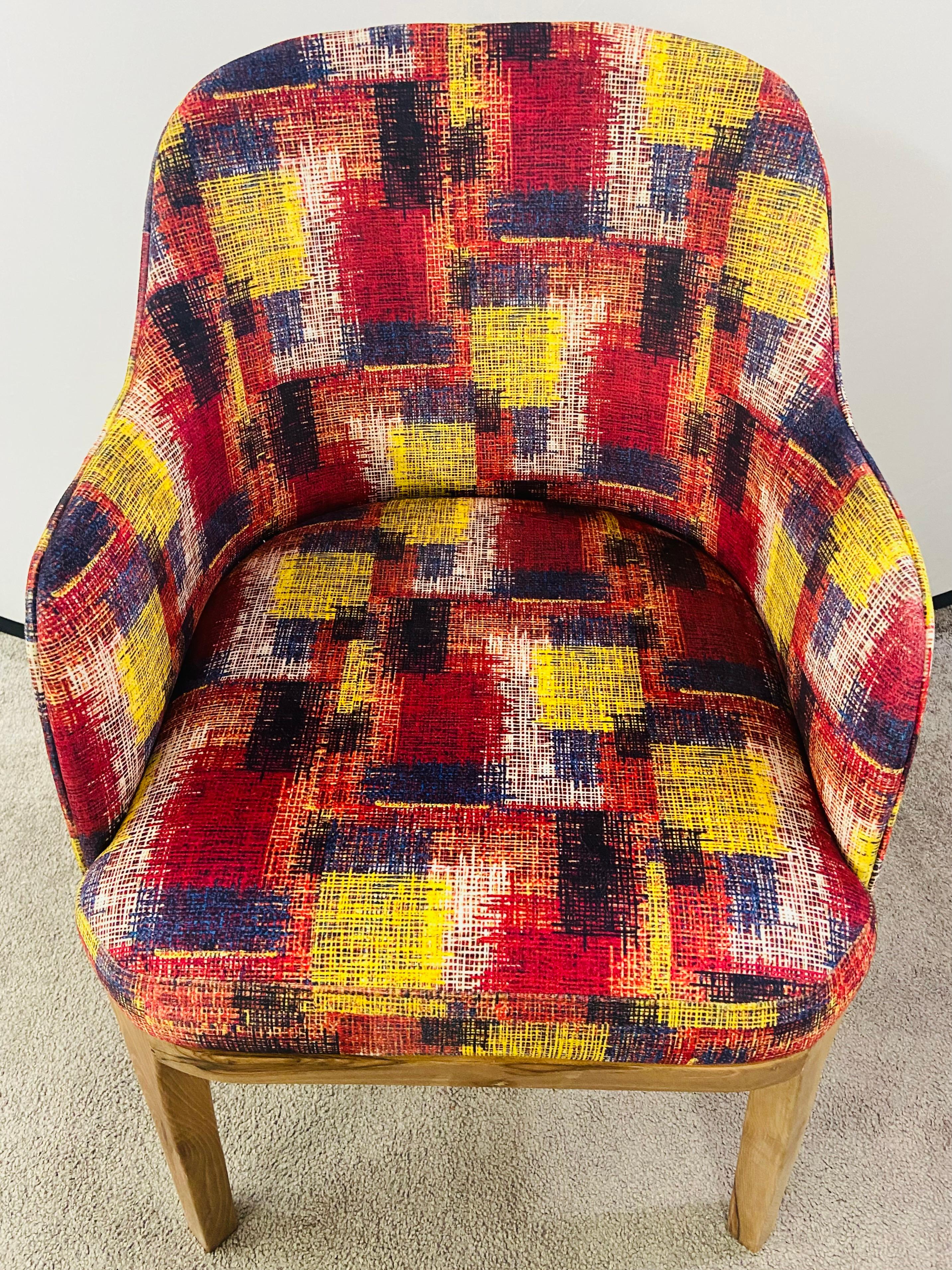 Mid-Century Modern Style Chair Multicolor Upholstery and Walnut Frame, a Pair In Good Condition For Sale In Plainview, NY