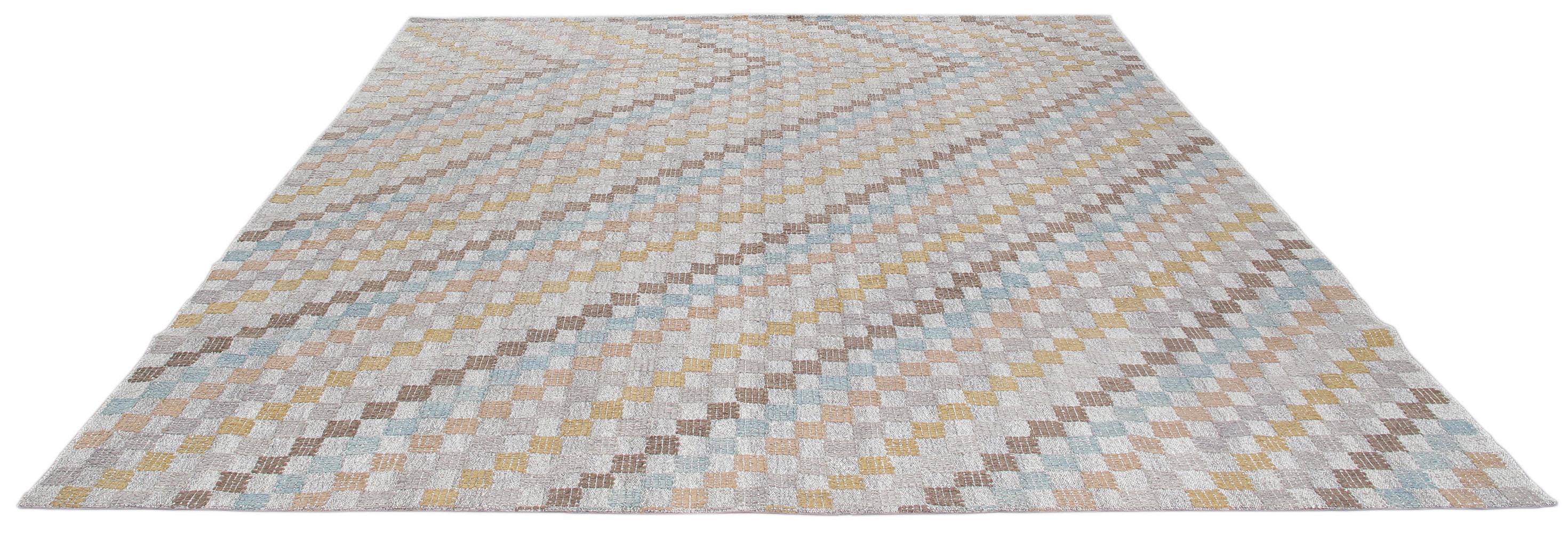 Turkish Mid-Century Modern Style Checkered Flatweave Rug For Sale