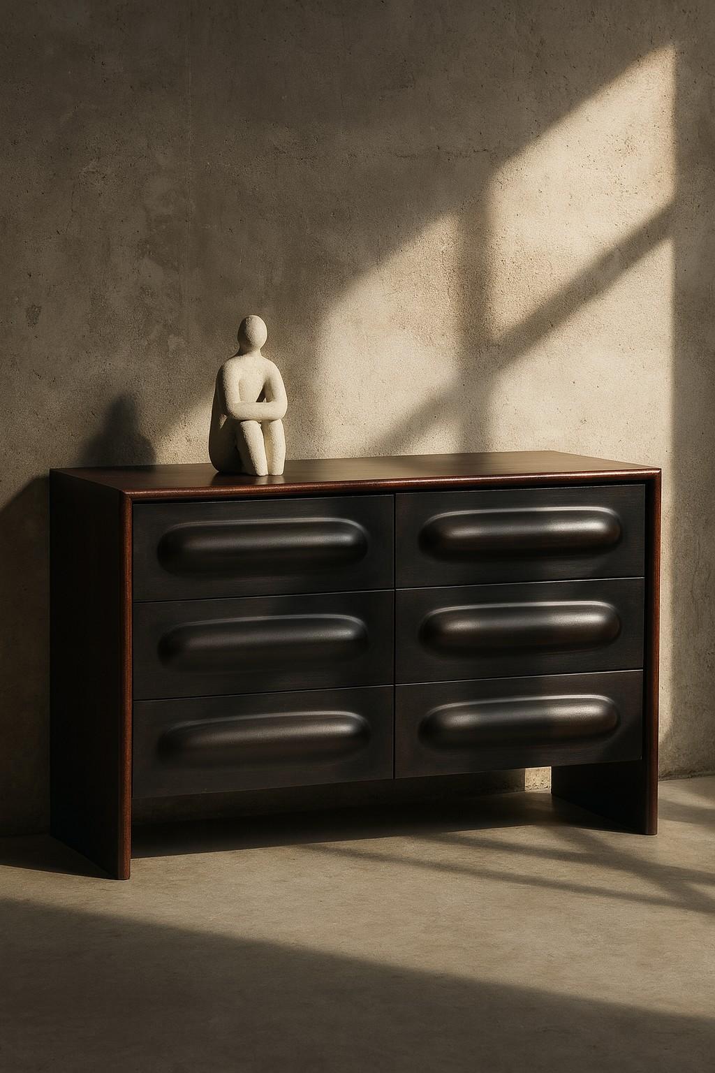 Portuguese Mid-Century Modern Style Chest of Drawers, Walnut Frame with Black Relief Fronts For Sale