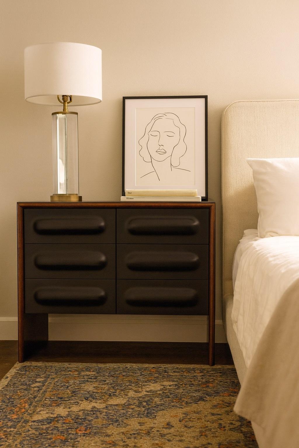 Hand-Crafted Mid-Century Modern Style Chest of Drawers, Walnut Frame with Black Relief Fronts For Sale