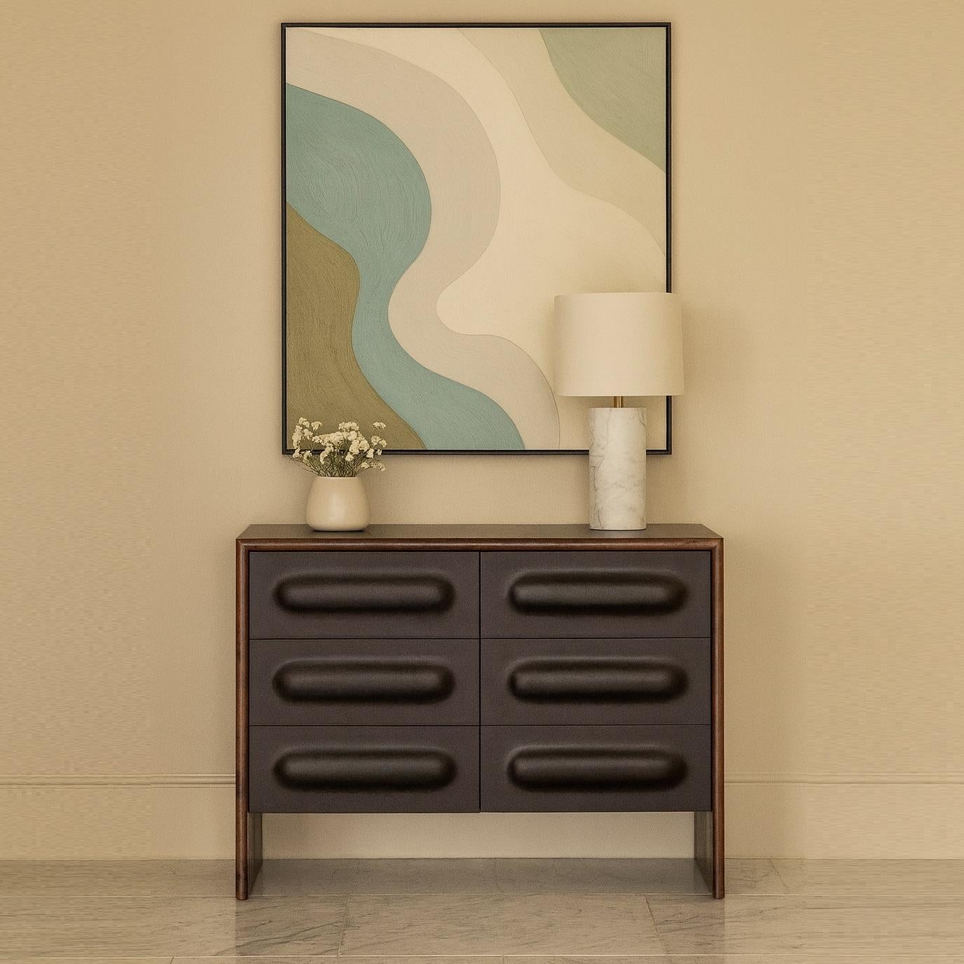 Mid-Century Modern Style Chest of Drawers, Walnut Frame with Black Relief Fronts In New Condition For Sale In NEW YORK, NY