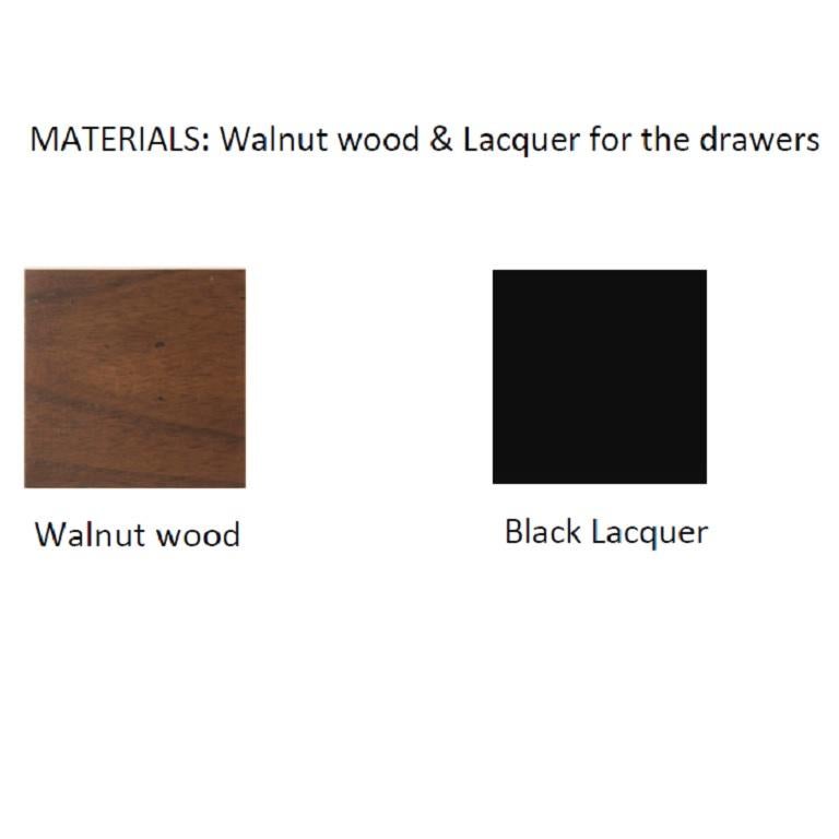 Contemporary Mid-Century Modern Style Chest of Drawers, Walnut Frame with Black Relief Fronts For Sale
