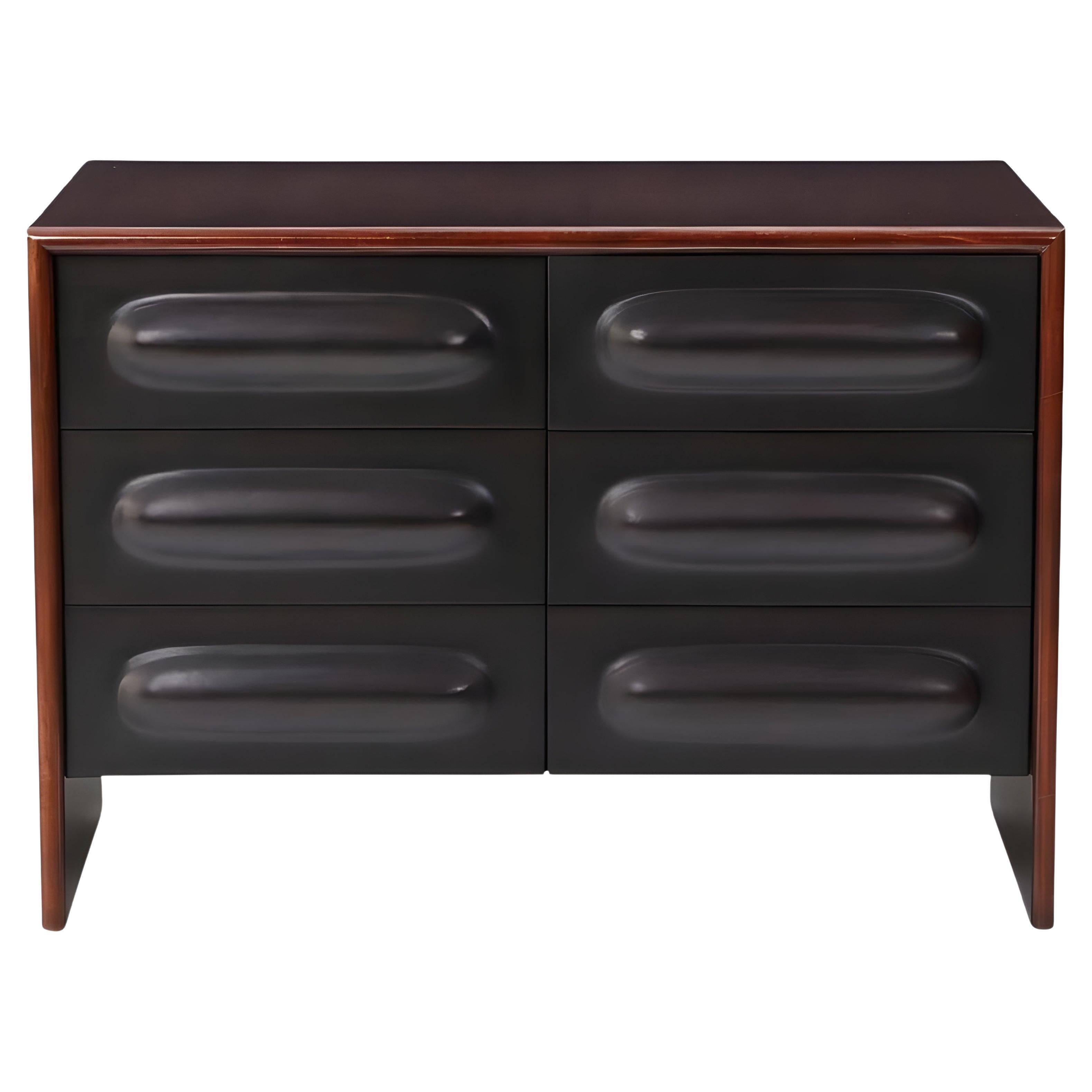 Mid-Century Modern Style Chest of Drawers, Walnut Frame with Black Relief Fronts