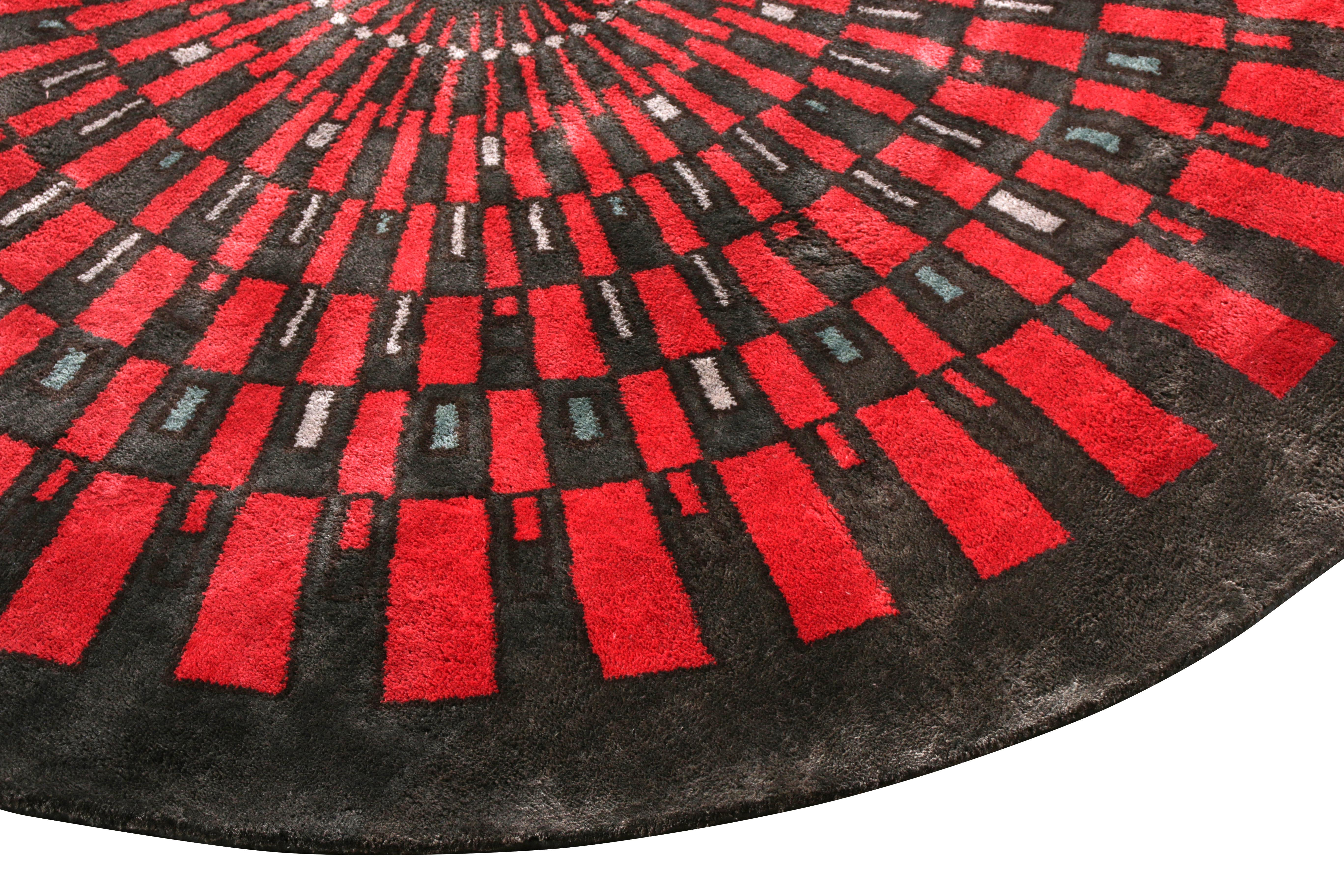 Mid-Century Modern Rug & Kilim’s French Style Art Deco Circle Rug In Red And Gray Geometric Pattern For Sale
