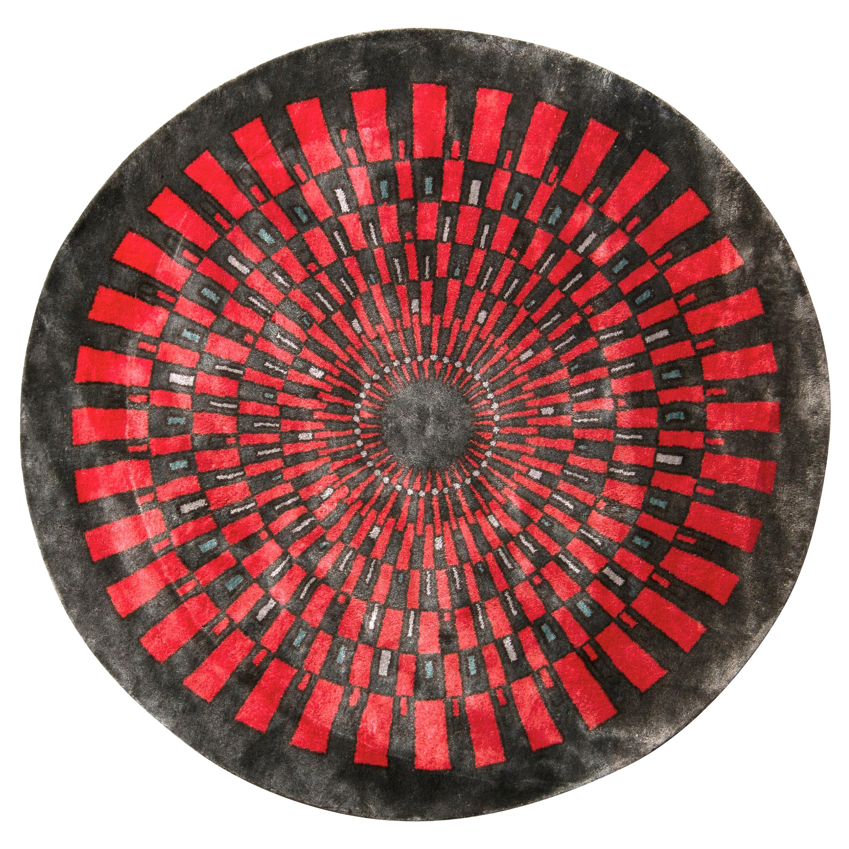 Rug & Kilim’s French Style Art Deco Circle Rug In Red And Gray Geometric Pattern For Sale