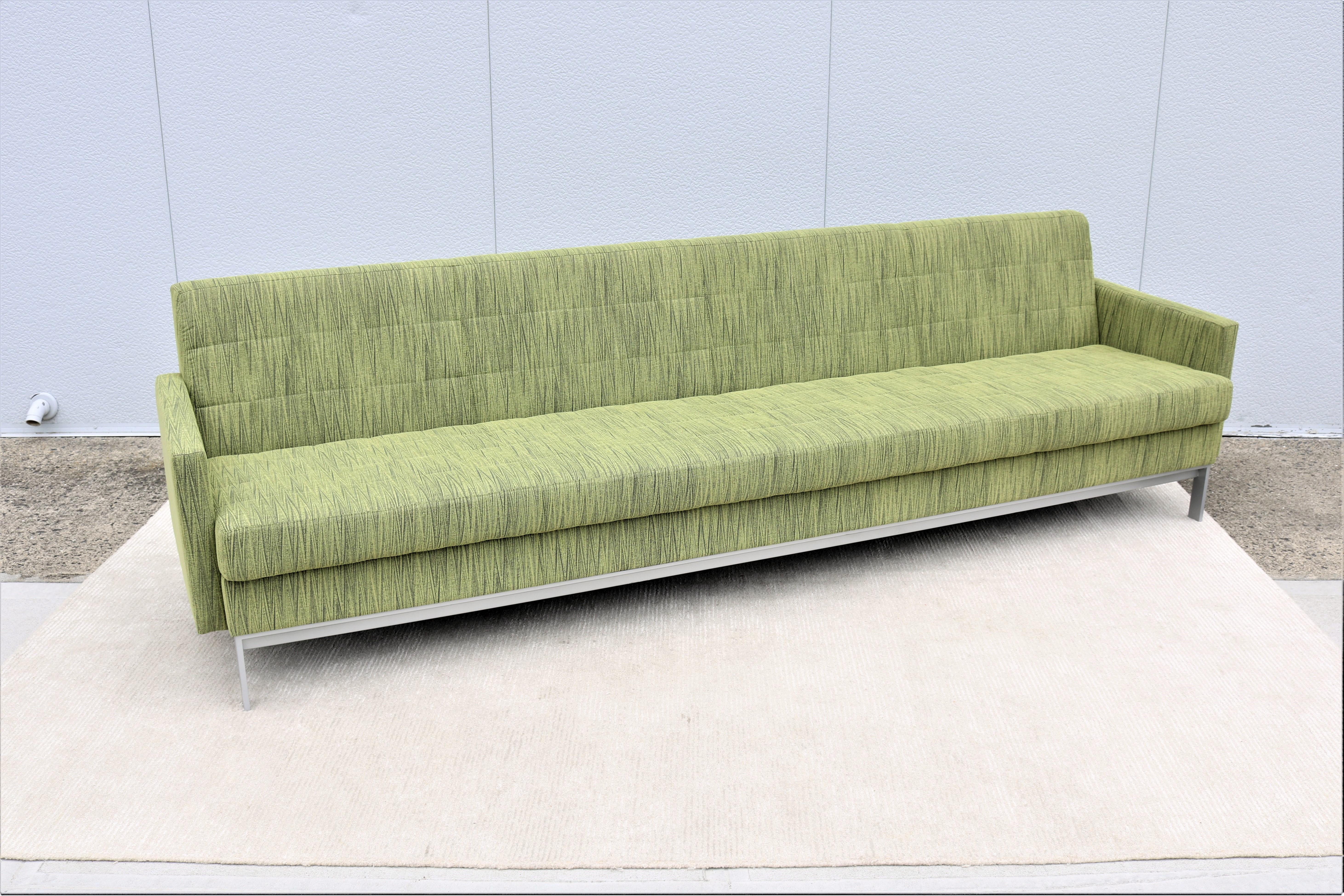 This fabulous Millbrae four seat sofa delivers firm comfort and exceptional support.
The horizontal steel base forms a simple modernist foundation for paneled, quilted cushions that allude to classic tufted upholstery.
Inspired by mid-century