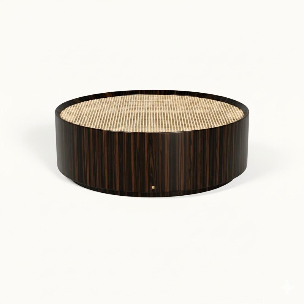 Table basse de style moderne du milieu du siècle - Macassar en ébène avec plateau en rotin scellé en verre en vente 2