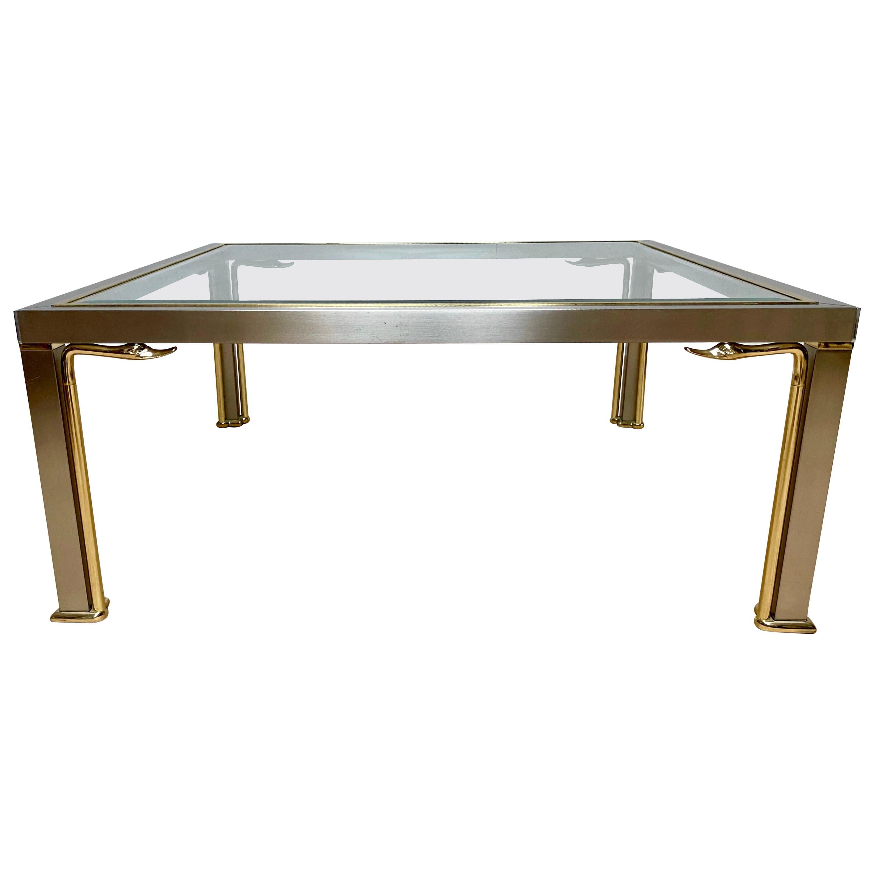 Mid-Century Modern Style Coffee Table with Glass Top and Bronze Swan Sculptures For Sale
