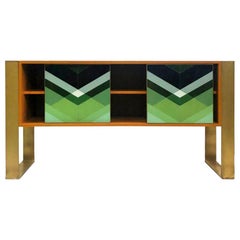 Mid-Century Modern Style Colored Glass and Solid Wood Italian Sideboard