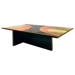 Mid-Century Modern Style Colored Glass Brass Bronze Italian Coffee Table