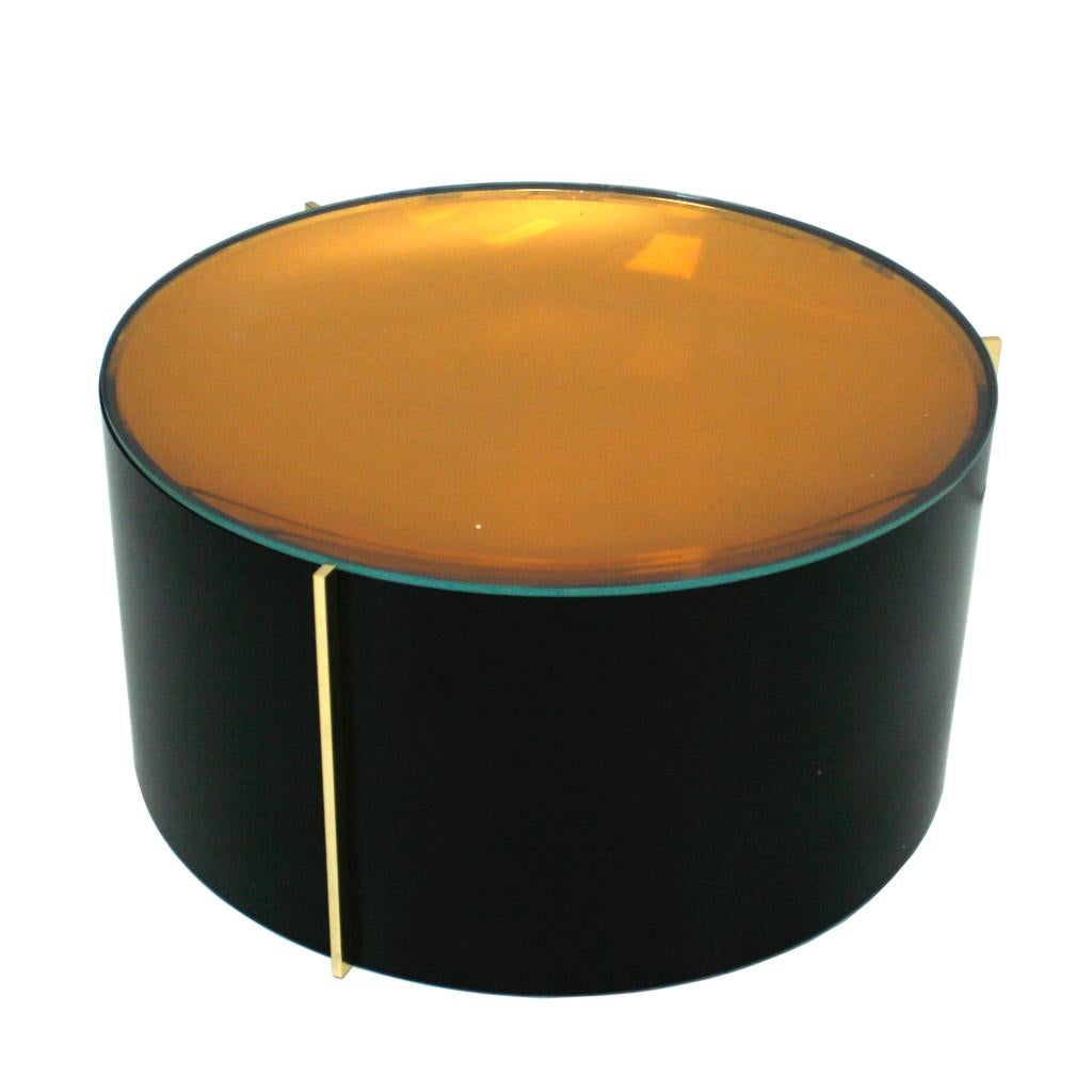 Mid-Century Modern Style Colored Glass Metal and Brass Italian Coffee Table In Good Condition For Sale In Ibiza, Spain