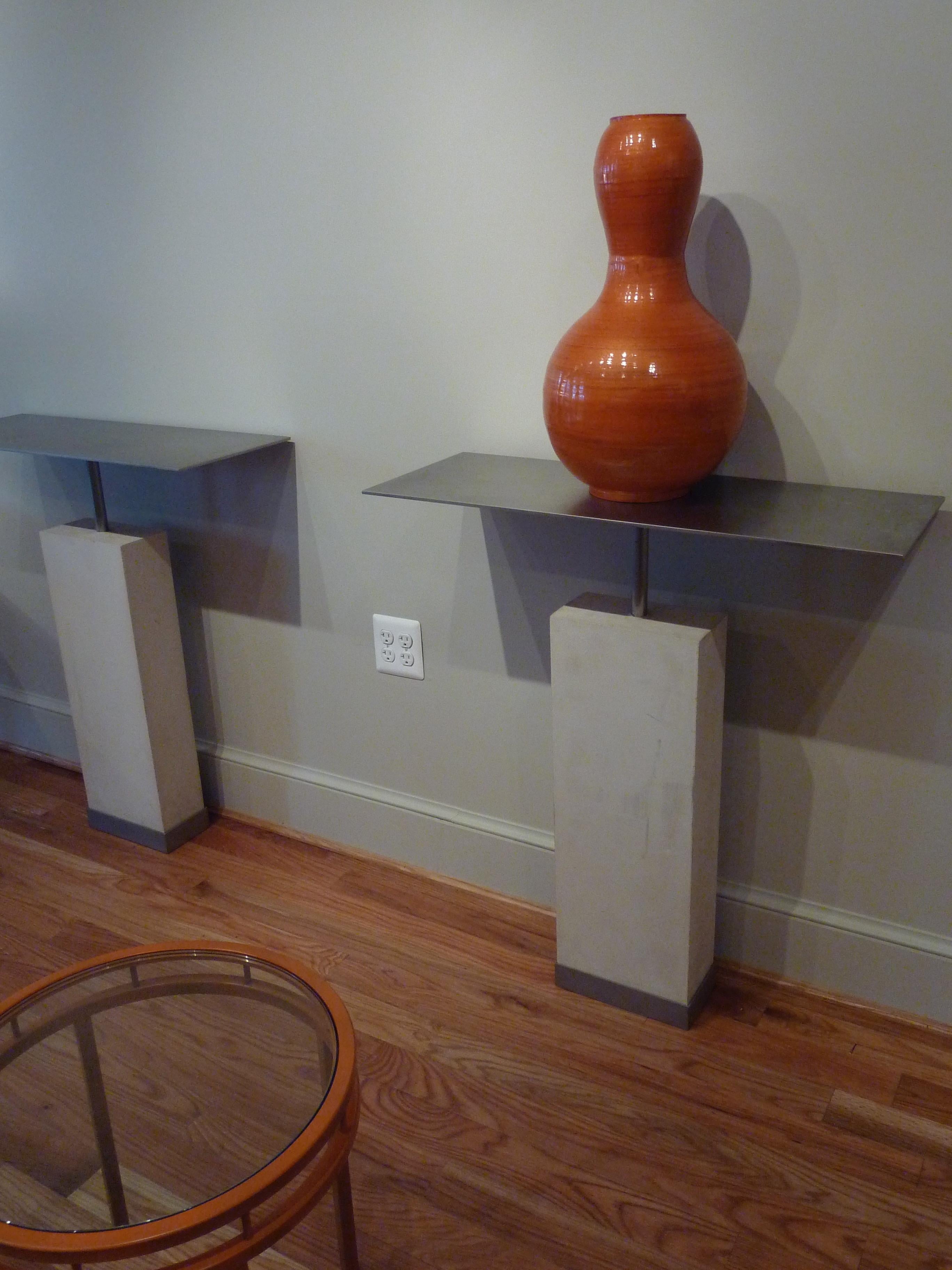 Hand-Crafted Mid-Century Modern Style Limestone and Steel Gray Console Table
