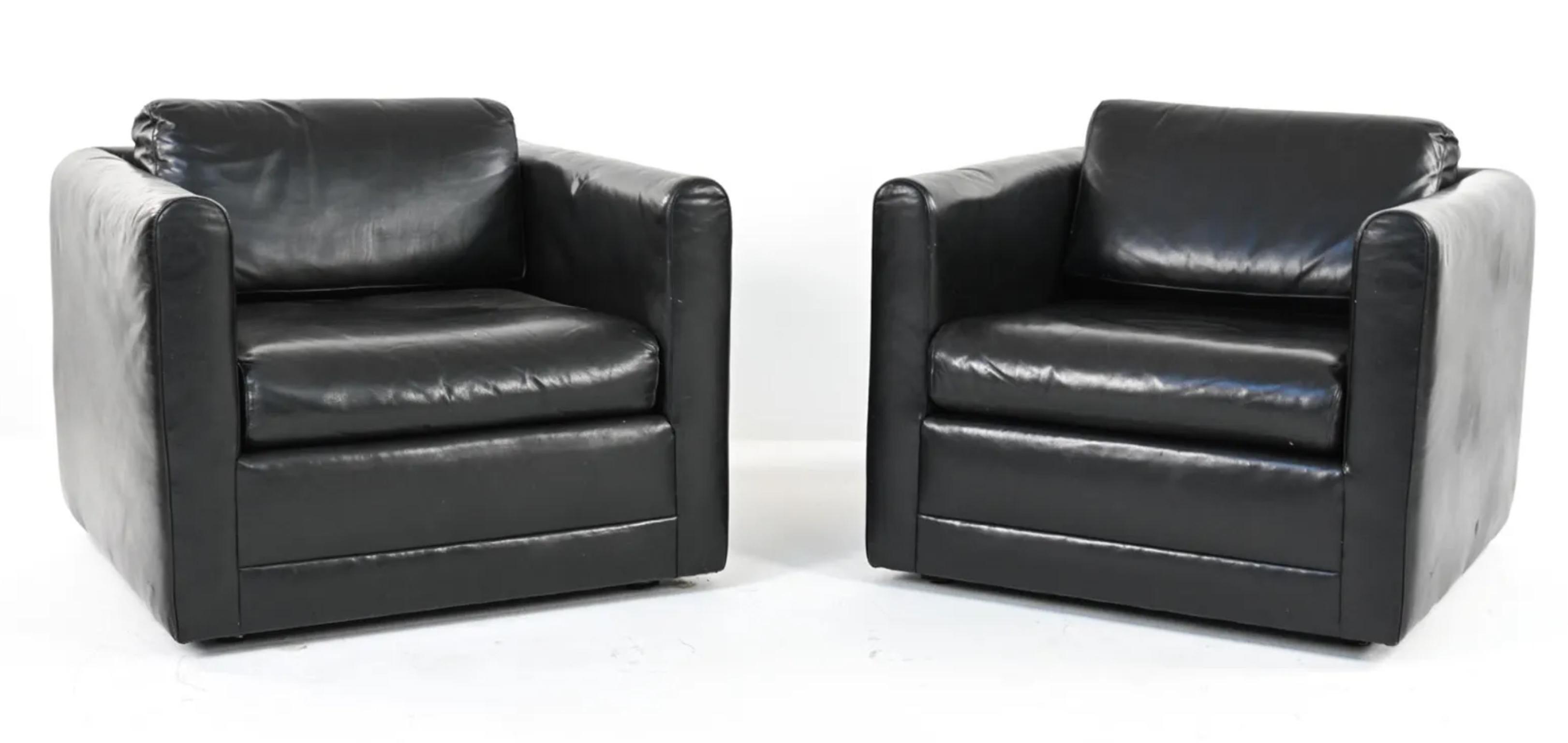 American Mid-Century Modern Style Cube Lounge Club Chairs by in Black Leather