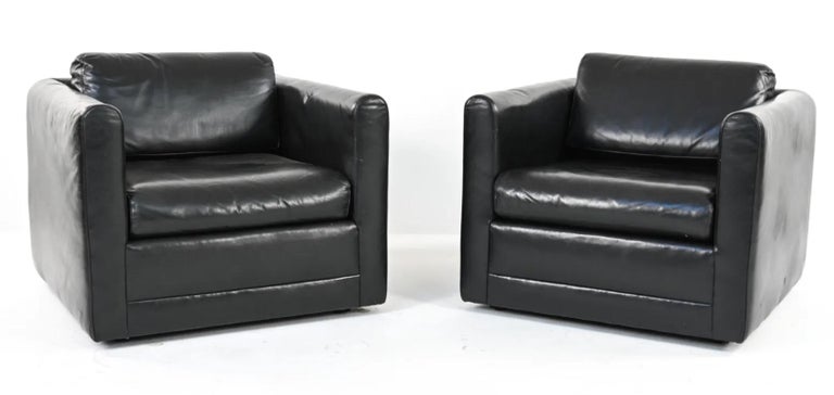 American Mid-Century Modern Style Cube Lounge Club Chairs by in Black Leather For Sale