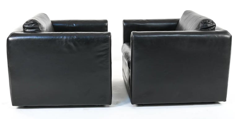 Mid-Century Modern Style Cube Lounge Club Chairs by in Black Leather In Good Condition For Sale In BROOKLYN, NY