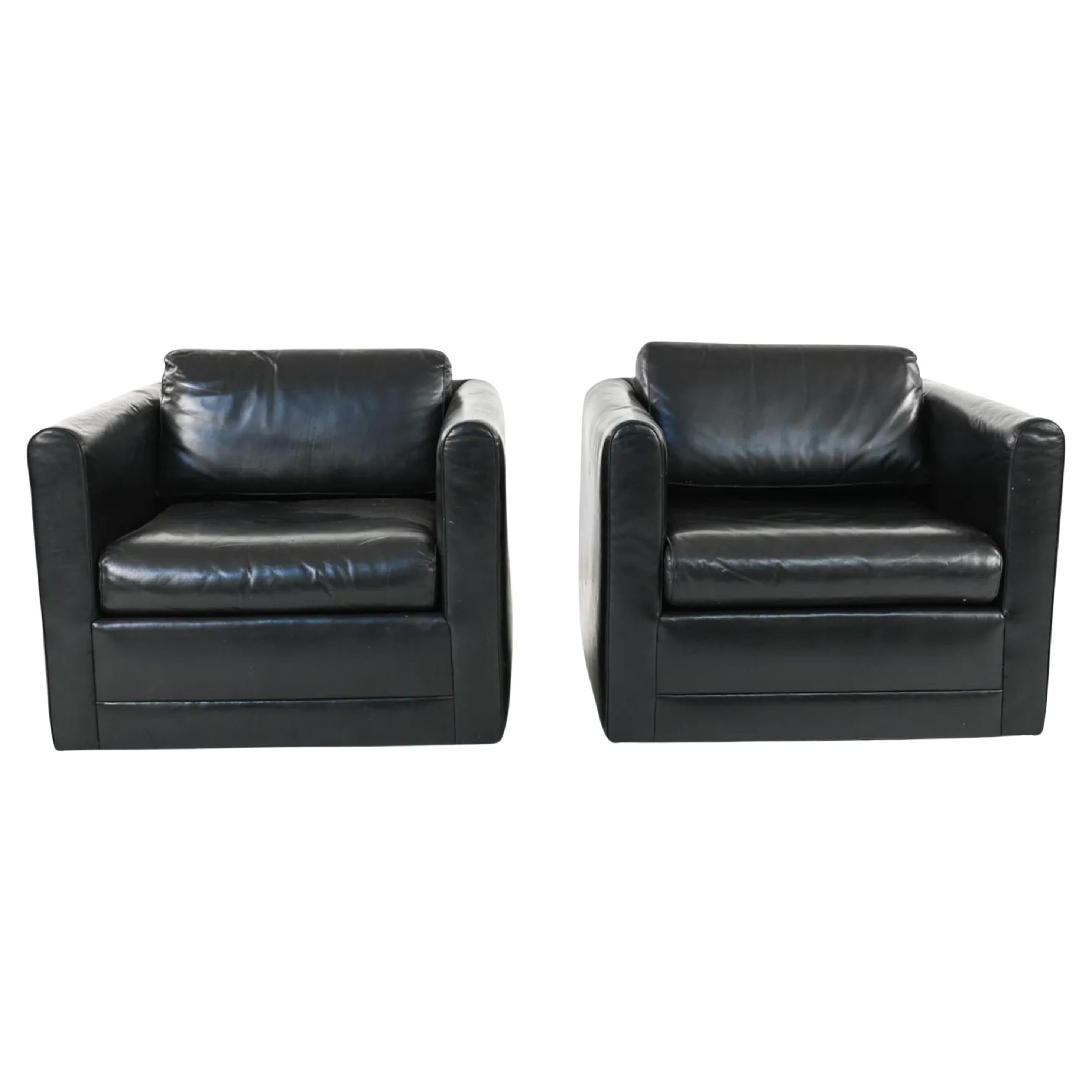 Mid-Century Modern Style Cube Lounge Club Chairs by in Black Leather