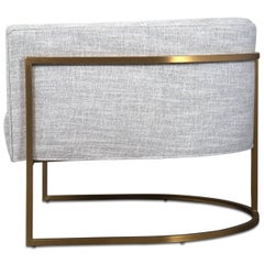 Mid-Century Modern Style Curved Accent Chair in Grey Linen & Brushed Brass Frame
