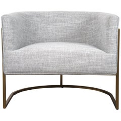 Mid-Century Modern Style Curved Accent Chair in Grey Linen & Brushed Brass Frame