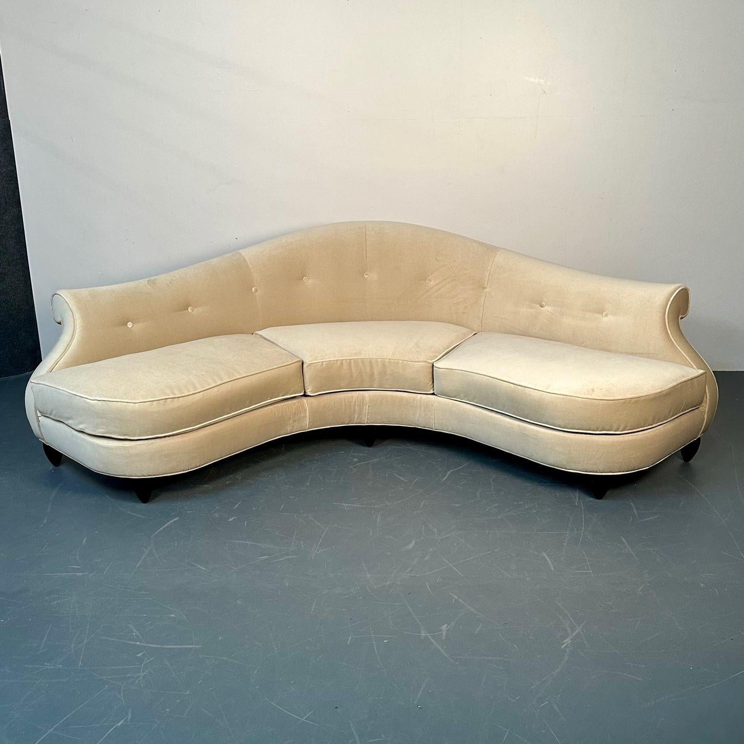 Mid-Century Modern Christopher Guy, Modern, Curved Lafite Sofa, Beige Velvet, Black Wood, 2010s For Sale