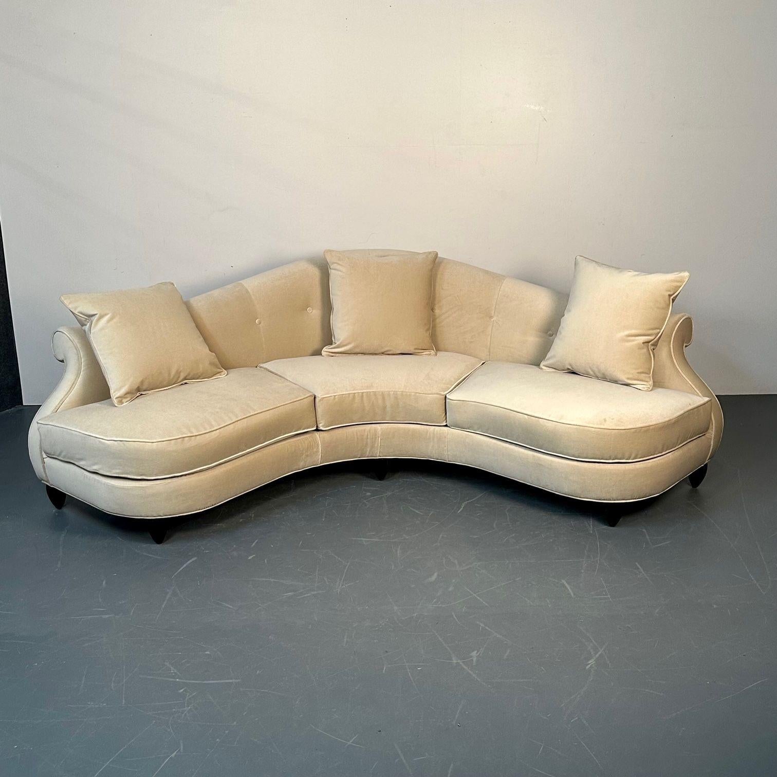 American Christopher Guy, Modern, Curved Lafite Sofa, Beige Velvet, Black Wood, 2010s For Sale