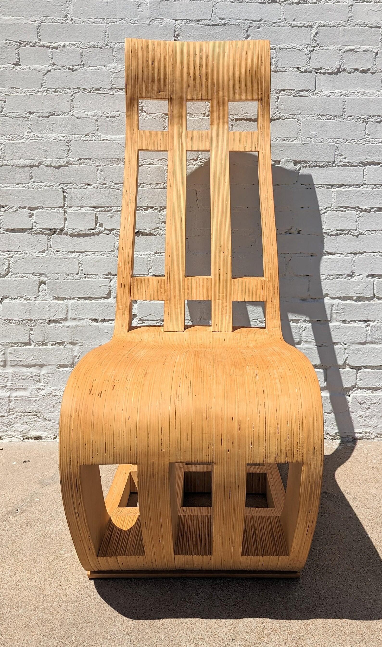 Mid Century Modern Style Custom Built Bentwood Chair

Very heavy and well made. Not the most comfortable chair but not meant to be a lounge chair but a conversation piece. Overall in very good condition.  Chip in one of the back legs. 

Additional
