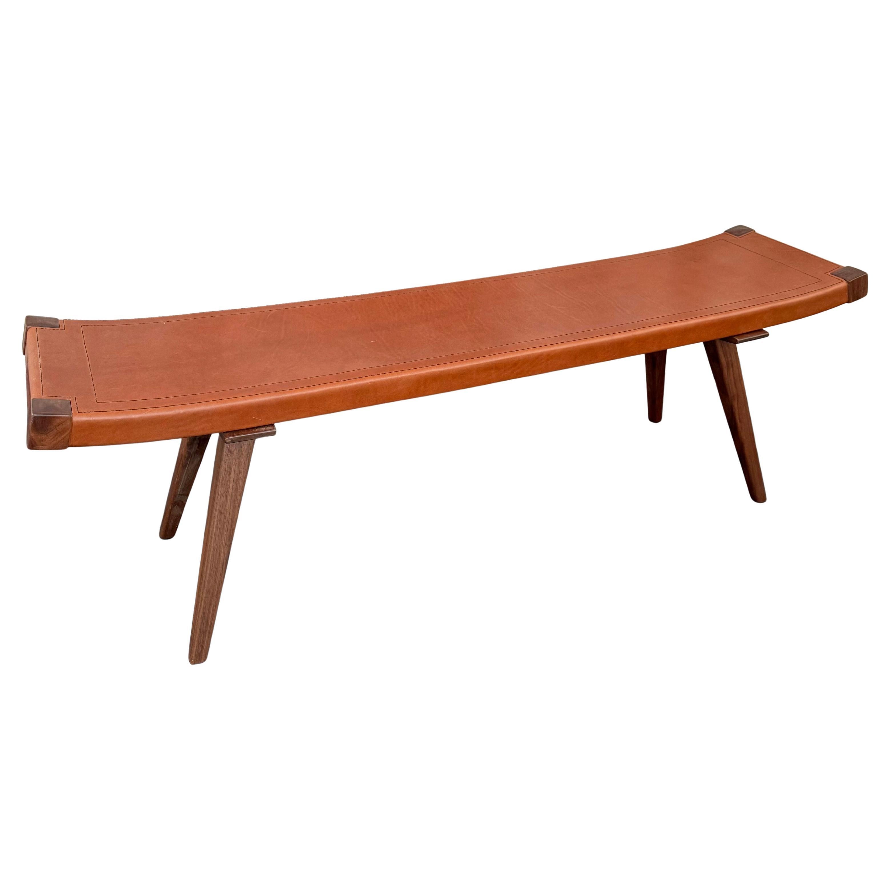 Mid-Century Modern Style Custom Leather And Walnut Bench For Sale