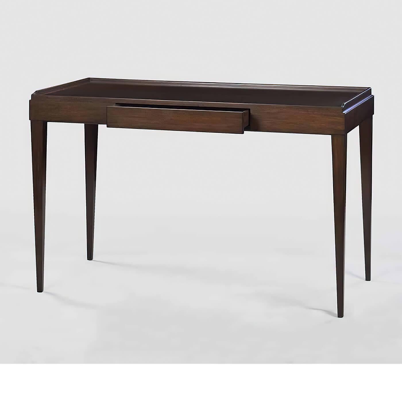 Mid-Century Modern style desk with a three-quarter wooden gallery, a single frieze drawer, and raised on square tapered legs. Finished in our dark mahogany stain.

Dimensions: 48