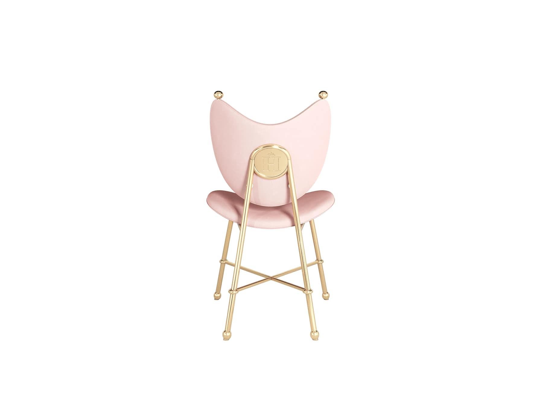 Hand-Crafted Mid-Century Modern Style Dining Chair in Pink Velvet  and Gold Stainless Steel For Sale